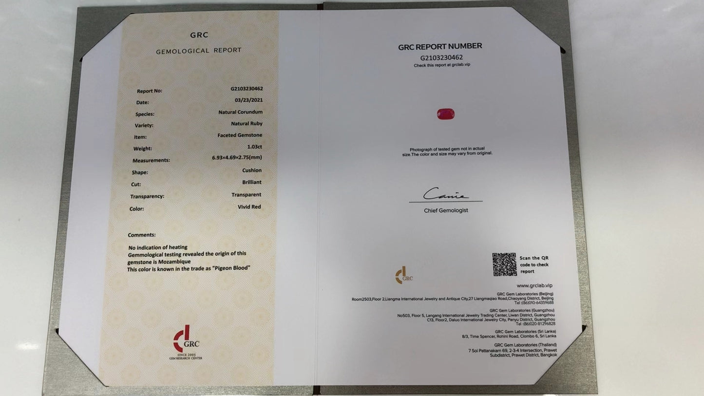 GRC CERTIFIED 1.03 CT NATURAL RED RUBY LOOSE STONES