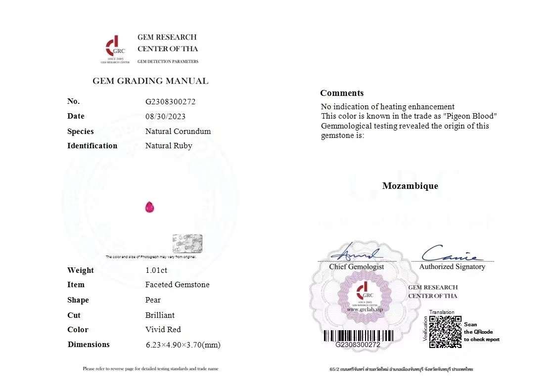 GRC CERTIFIED 1.01 CT NATURAL RED RUBY LOOSE STONES