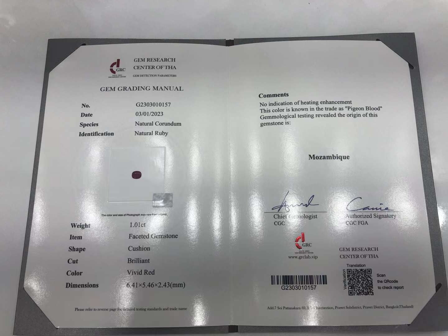 GRC CERTIFIED 1.01 CT NATURAL RED RUBY LOOSE STONES