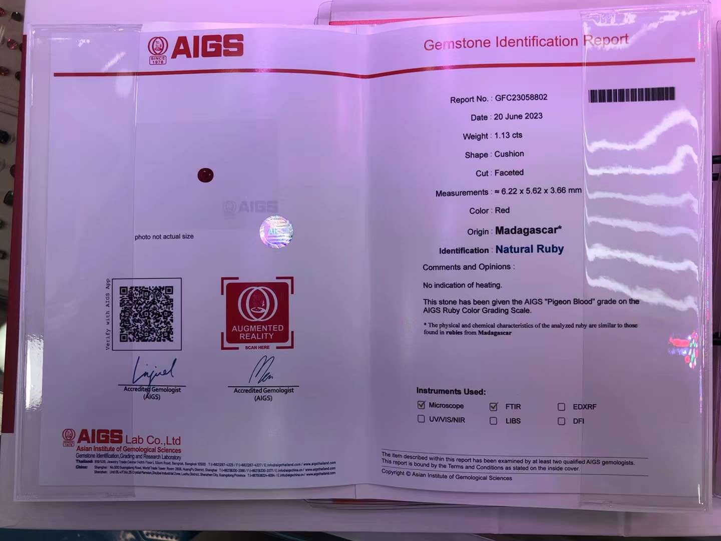 AIGS CERTIFIED 1.13 CT NATURAL RED RUBY LOOSE STONES